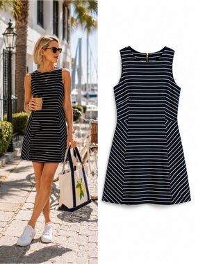 J.Crew Navy White Striped Fit & Flare Dress Size 2 | Nautical Coastal Classic